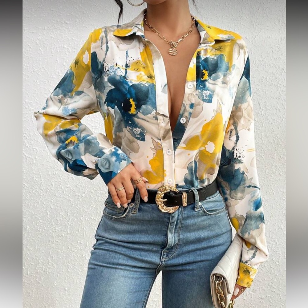 Boho Floral Print Button-Up Shirt Top Blouse